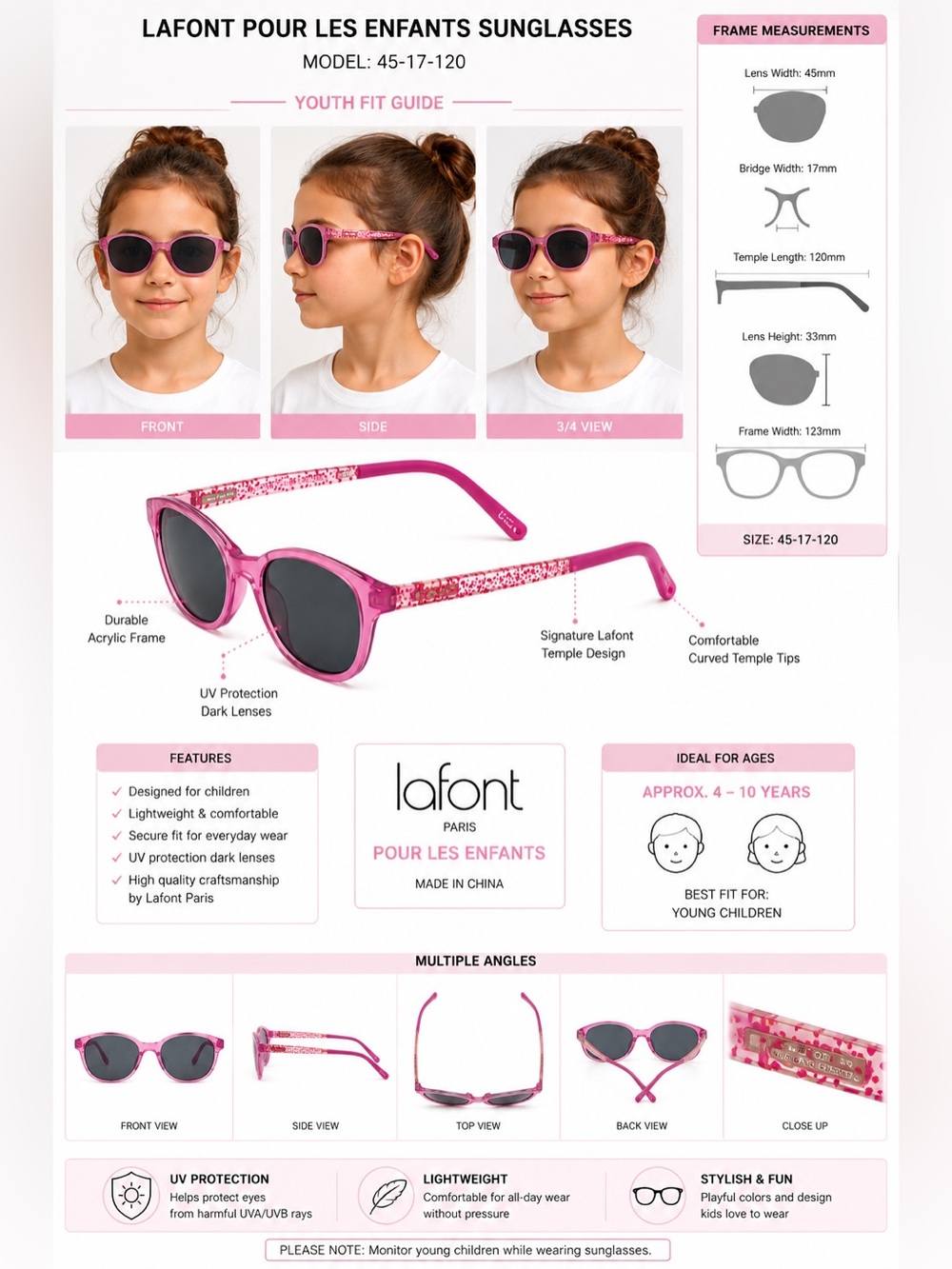 Lafont Pour Les Enfants Adele 7083 Sunglasses Kid’s Size 45-17-120 Pink